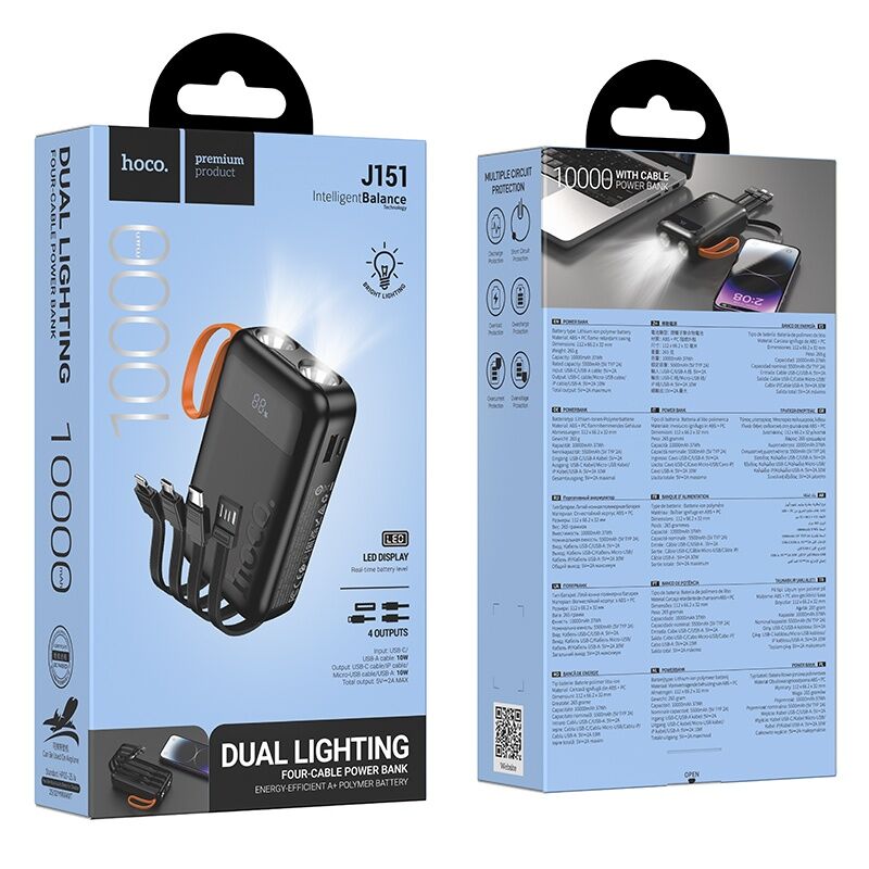 Power Bank 10000mAh Dual Linterna x4 cables Hoco J151