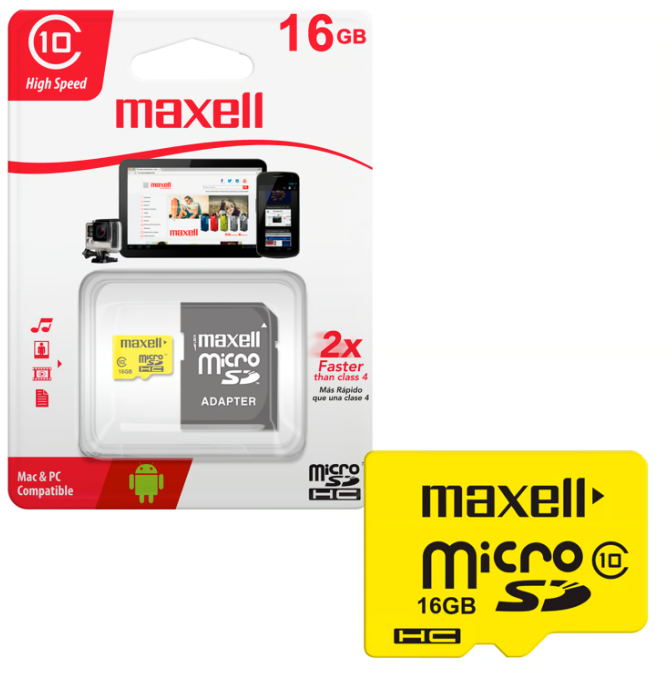 Tarjeta de memoria MicroSD 16GB + Adaptador 90MB/s Maxell