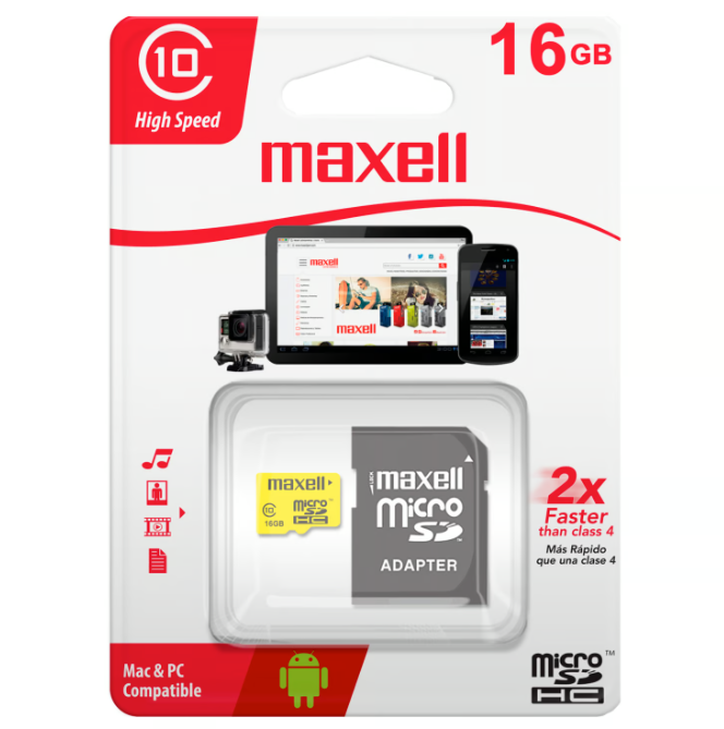 Tarjeta de memoria MicroSD 16GB + Adaptador 90MB/s Maxell