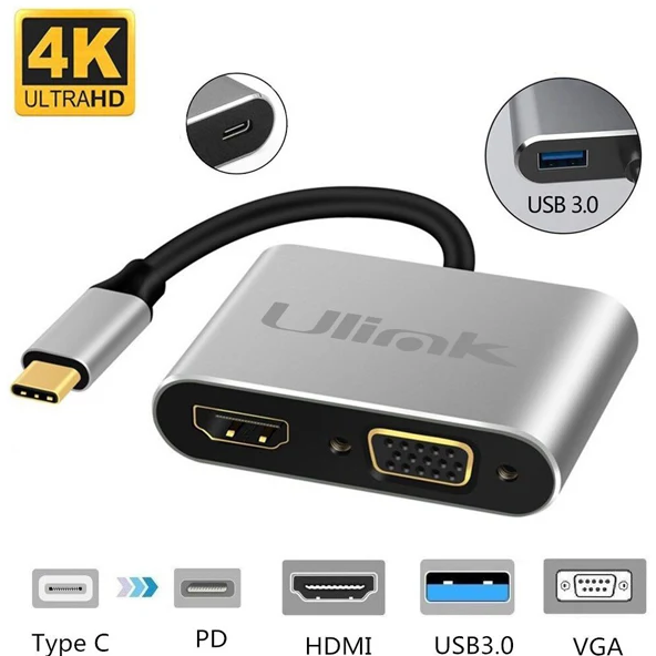 Hub Adaptador 4 en 1 Type-C a HDMI 4K + VGA + USB 3.0+ USB C Ulink