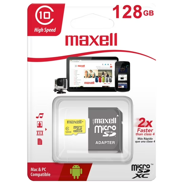 Tarjeta de memoria MicroSD 128GB + Adaptador 90MB/s Maxell