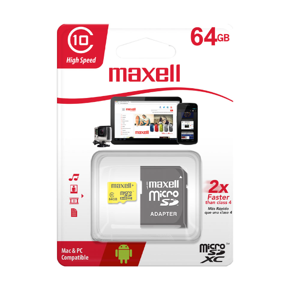 Tarjeta de memoria MicroSD 64GB + Adaptador 90MB/s Maxell