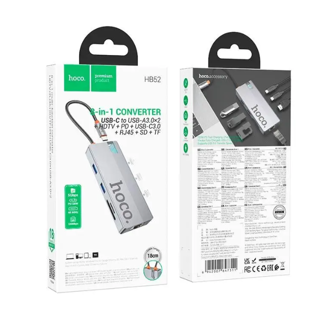 Hub Convertidor HDMI+ RJ45 + SD/TF + PD + Tipo-C 3.0 + USB 3.0 Hoco HB52