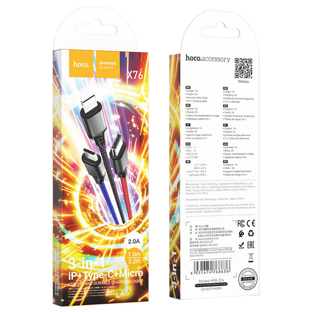 Cable USB a iP+Tipo C+Micro 2A HOCO X76