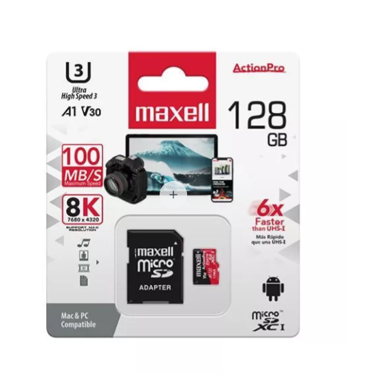 Tarjeta de memoria MicroSD 128GB 8k + Adaptador 100MB/s Maxell