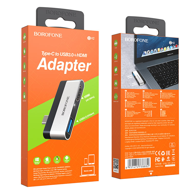 Adaptador Borofone DH2 USB -C a Hdmi + USB3.0