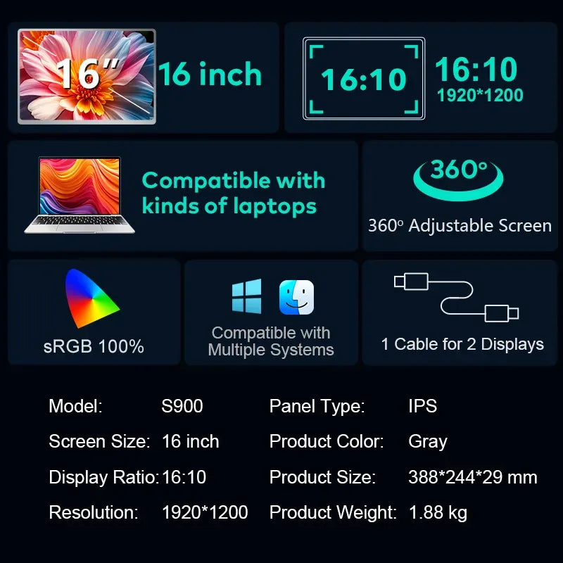 Extensor monitor doble pantalla 16¨Fhd Ips 1920x1200 px CW-S900