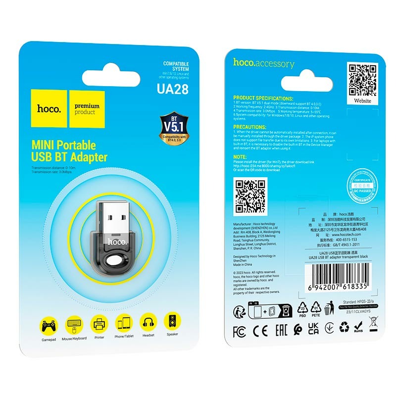 Adaptador receptor Bluetooth V5.1 Hoco UA28