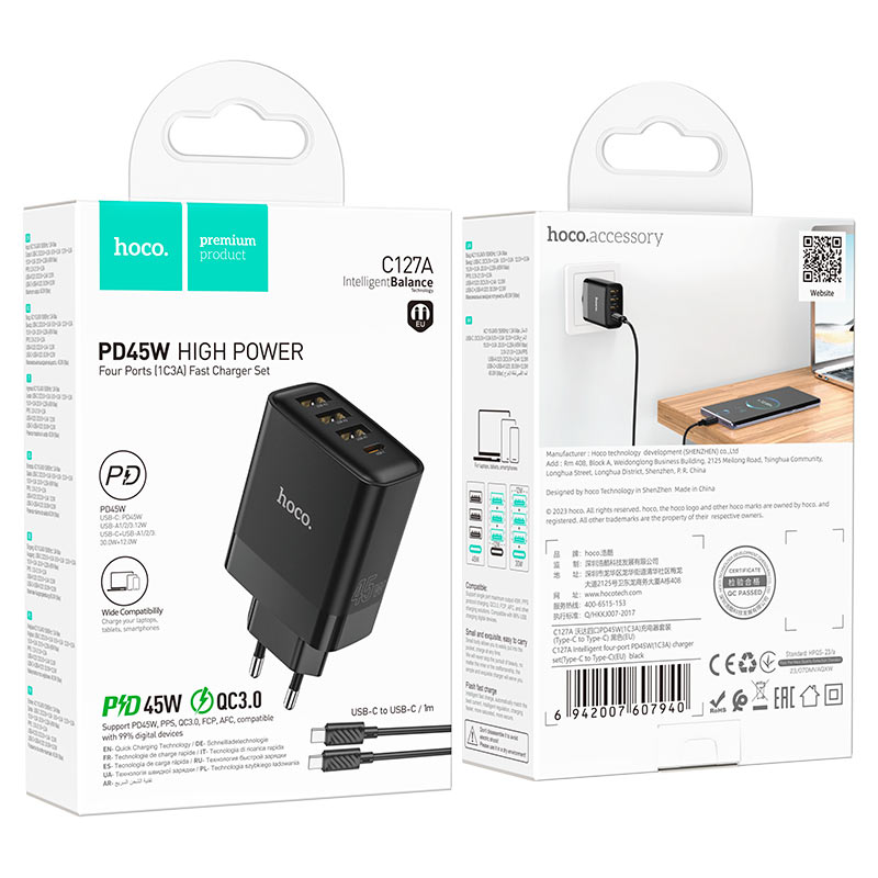 Cargador de pared USB-C de 45W QC3.0 Hoco C127A