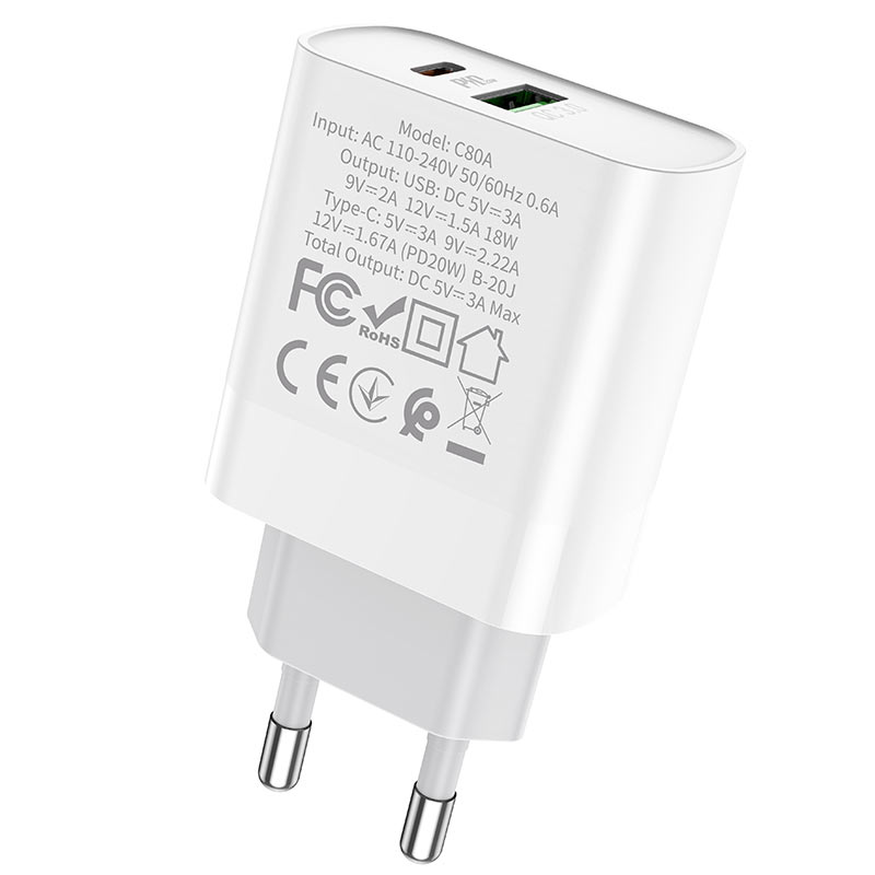 Cargador de pared doble puerto USB y USB-C 20W Hoco C80A