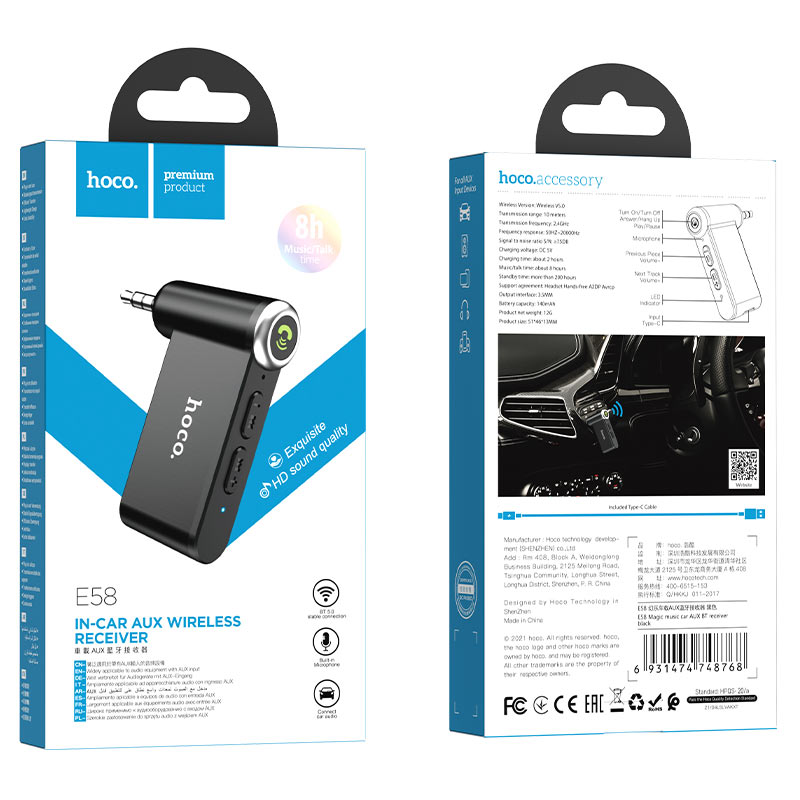 Receptor Bluetooth de auto AUX 3,5mm Hoco E58