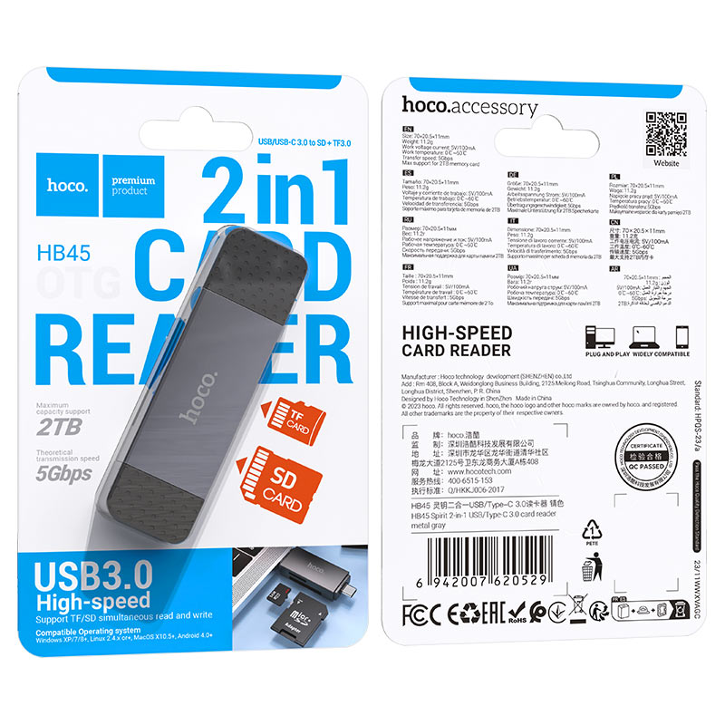 Lector de tarjeta micro SD y SSD 2 en 1 usb y usb-c Hoco HB45