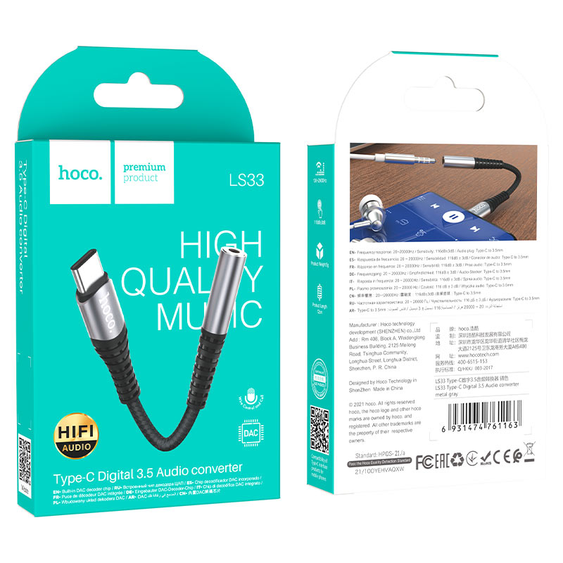 Adaptador de audio Tipo-C a auxiliar 3.5 Hoco LS33