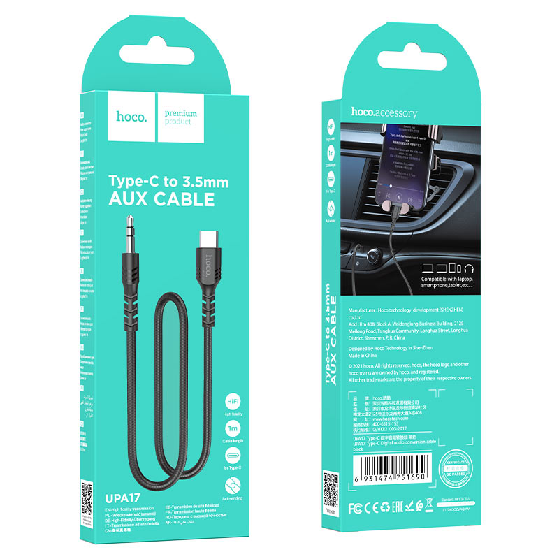 Cable  Type-C to 3.5mm  audio AUX Hoco UPA17