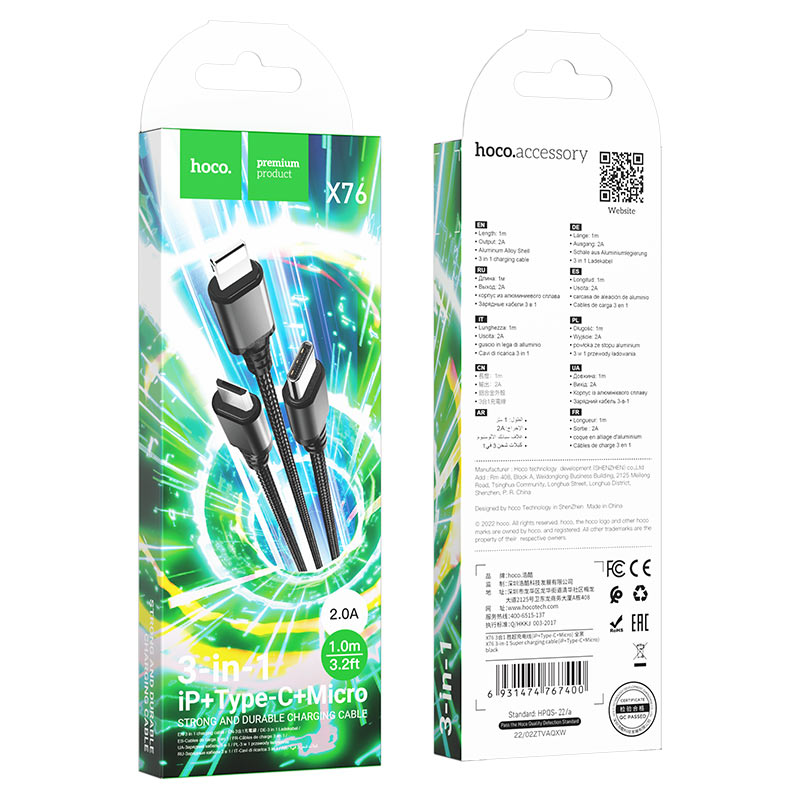 Cable  3 en 1 Lightning/Micro-USB/Type-C Hoco X76