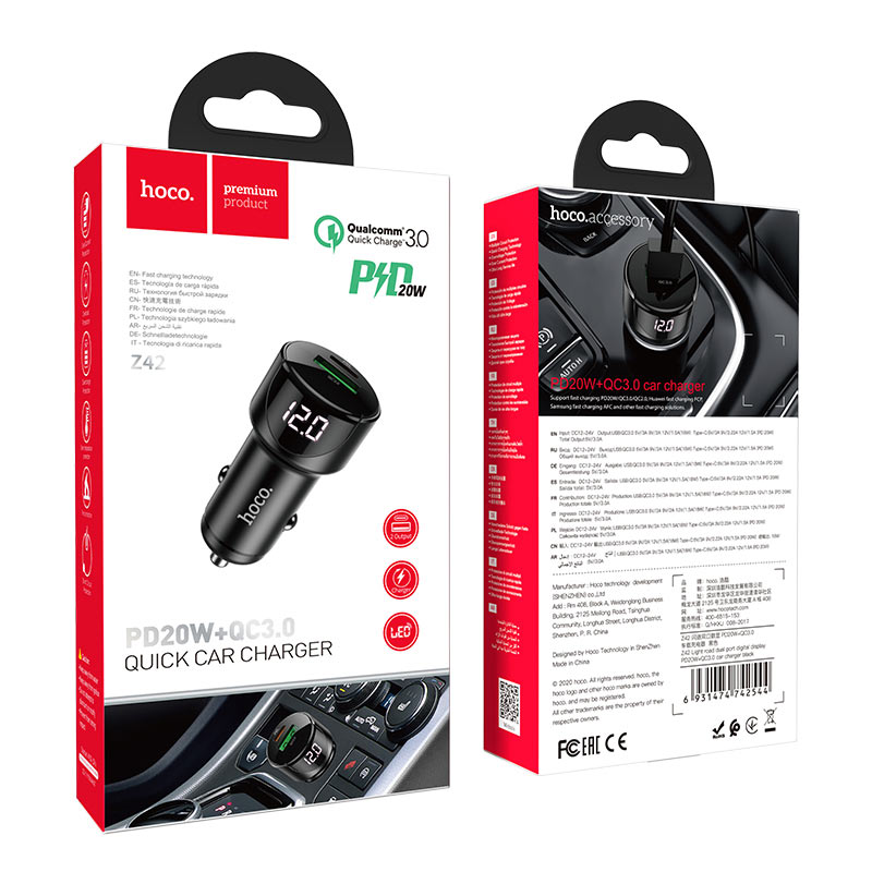 Cargador de auto salida Usb y usb-C PD20W Hoco Z42