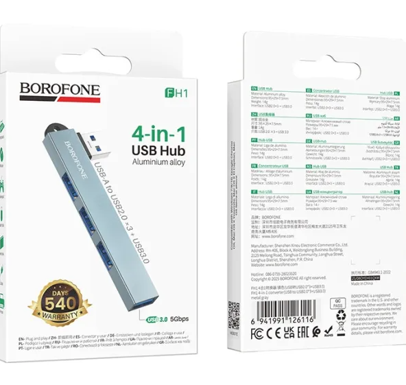 Adaptador Hub USB 4 en 1 5Gbps 3.0 Borofone FH1