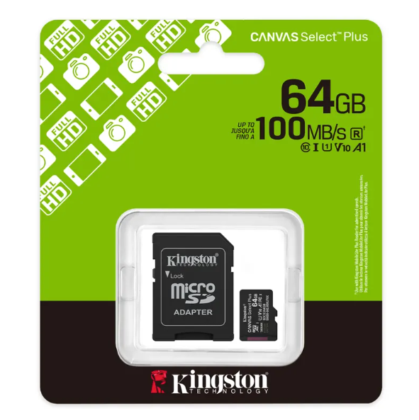 Memoria Micro SD+ adaptador 64GB 100MB/s V10 A1 Kingston SDCS3