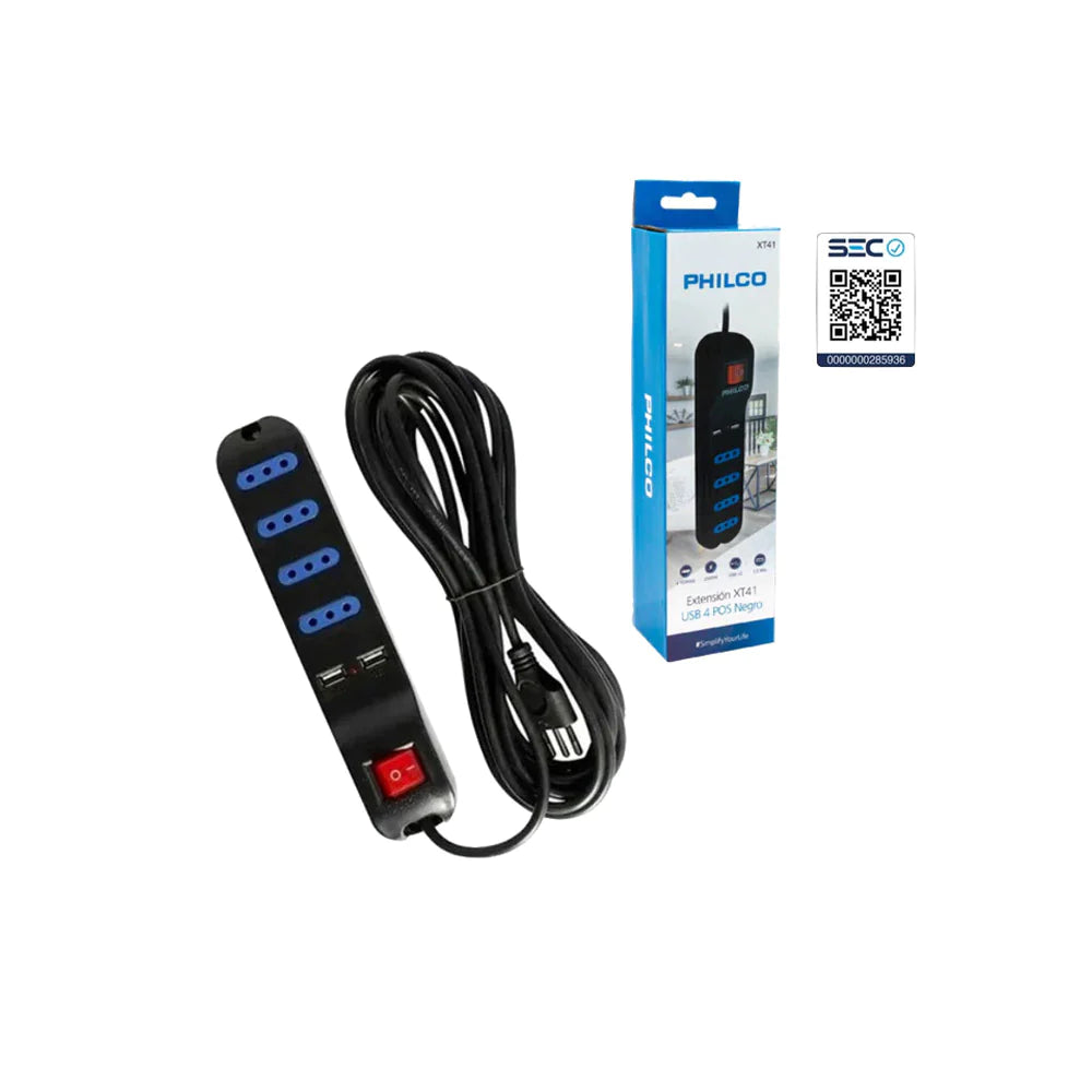 Alargador Extensión Philco XT41  4 posiciones + 2 Usb 1.5mts