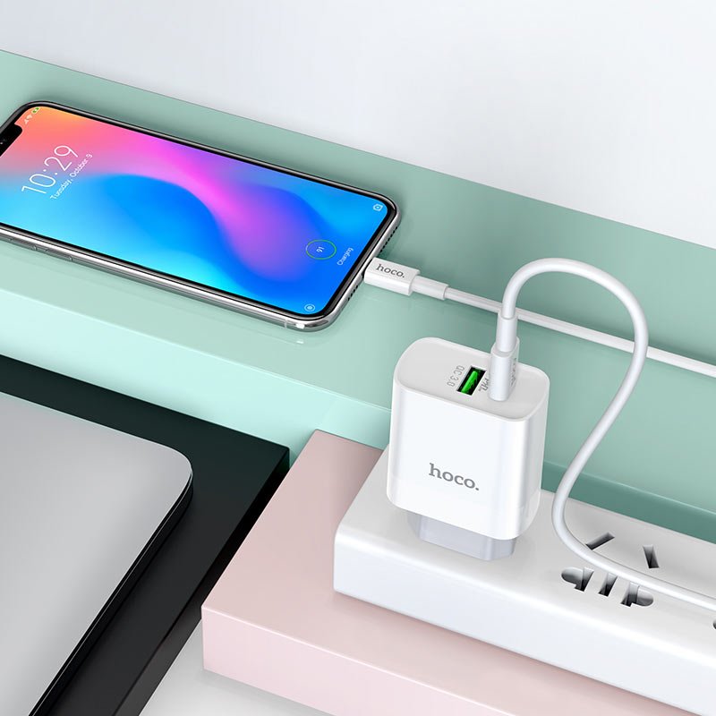 Cargador de pared doble puerto USB y USB-C 20W Hoco C80A