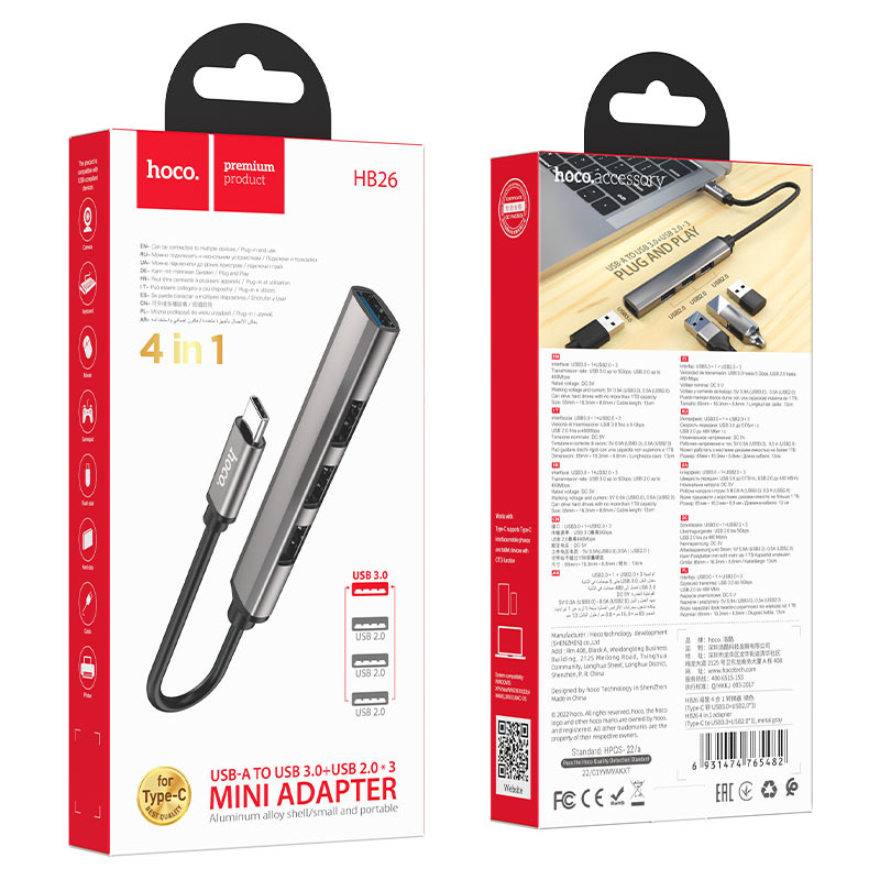 Adaptador Hub USB-C a USB 4 en 1 Hoco HB26