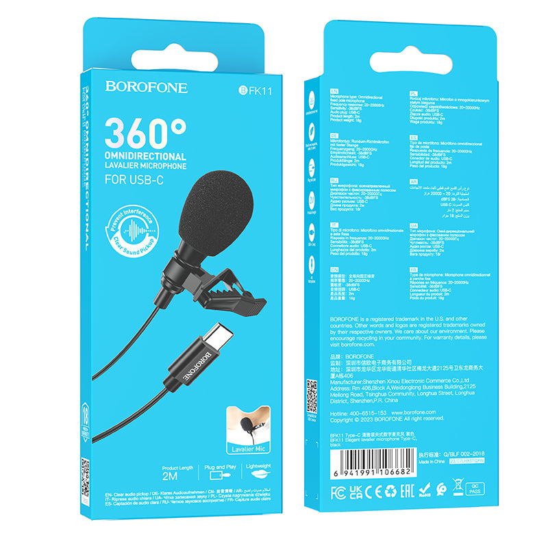 Micrófono Lavalier  USB-C 2mt Borofone BFK11